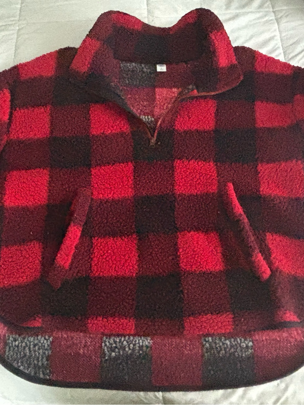 Old Navy Red and Black Plaid Sherpa Half-Zip Pullover